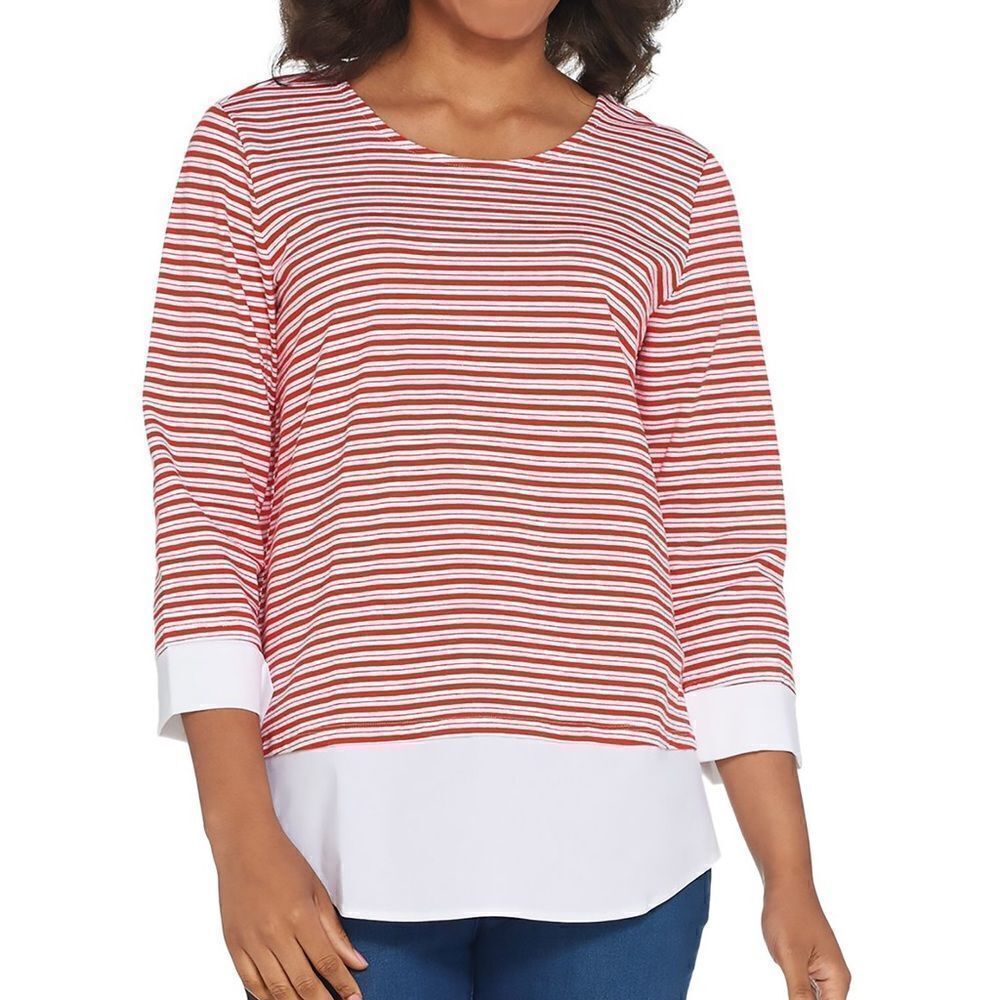 Martha Stewart Striped Knit Top with Poplin Cuffs and Hem